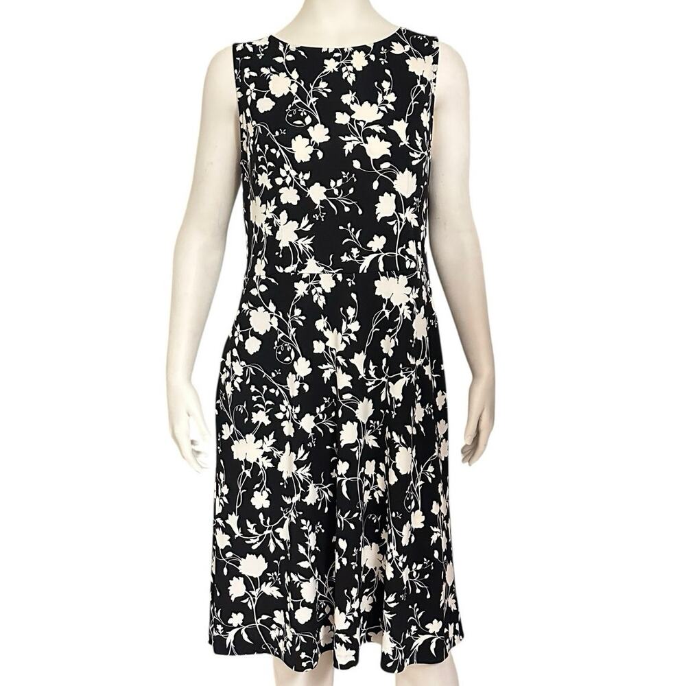 Talbots Floral Midi Dress Womens Large L Black White Stretch